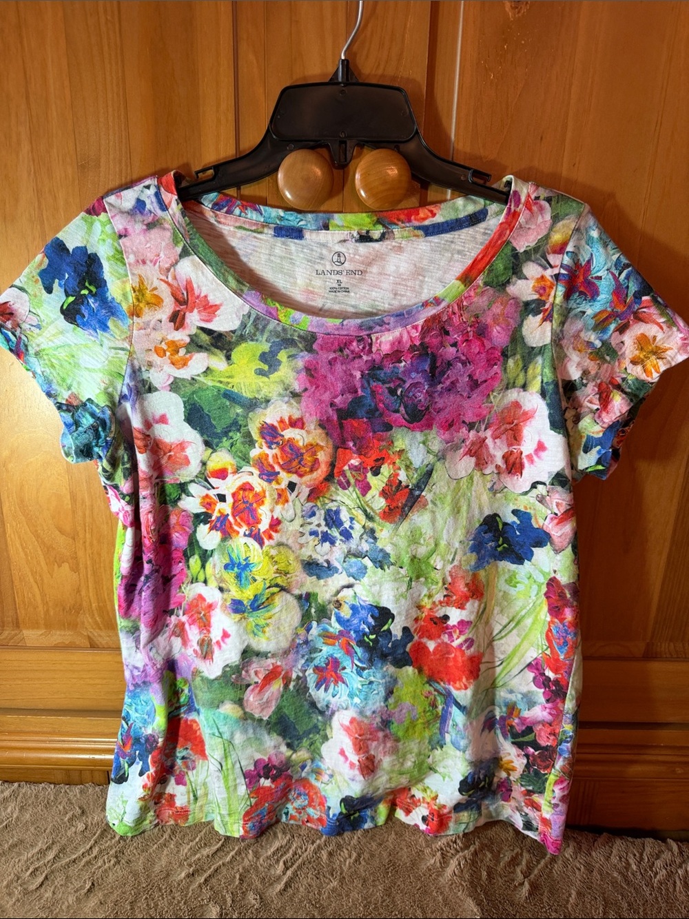 Lands' End Women's Short-Sleeve Floral Scoop Neck Tee -100% cotton XL